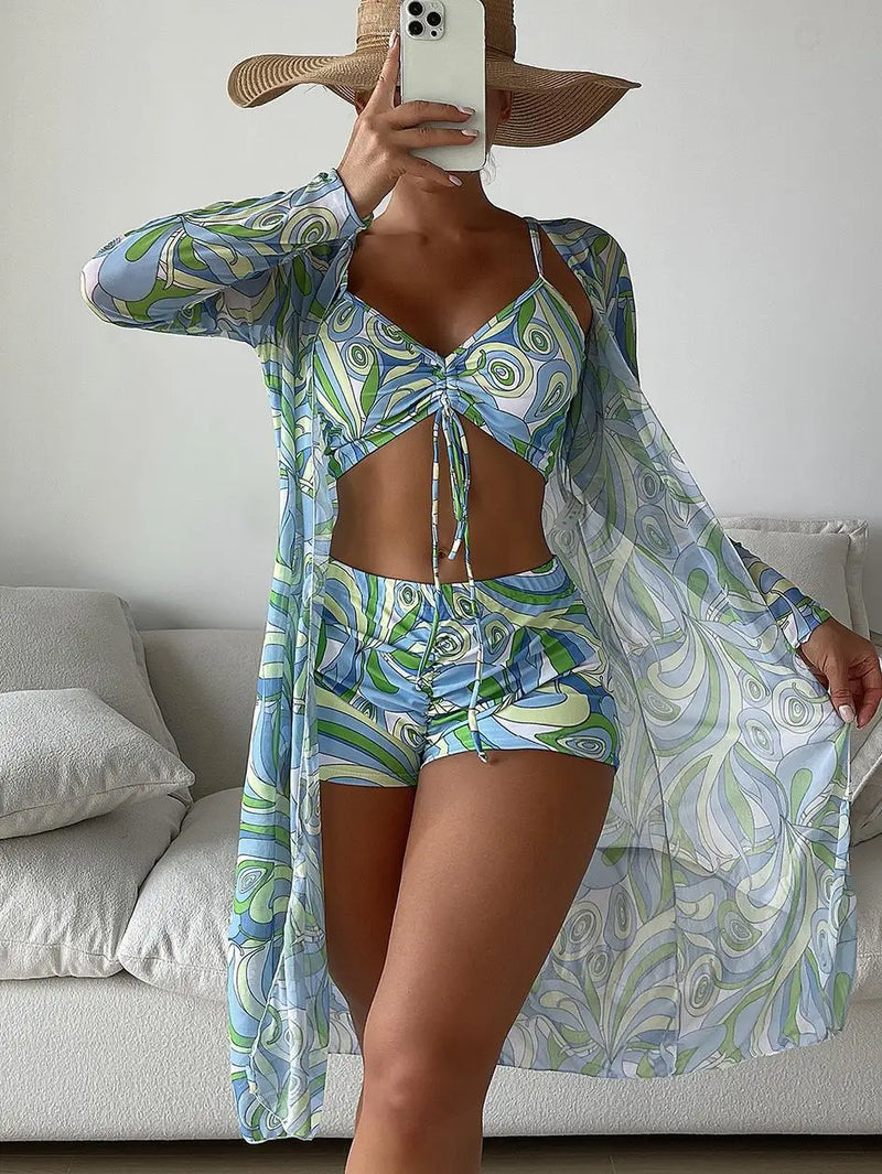 Biquíni + Saída de Praia Azul Céu com Verde Folha - Roupa Bacana