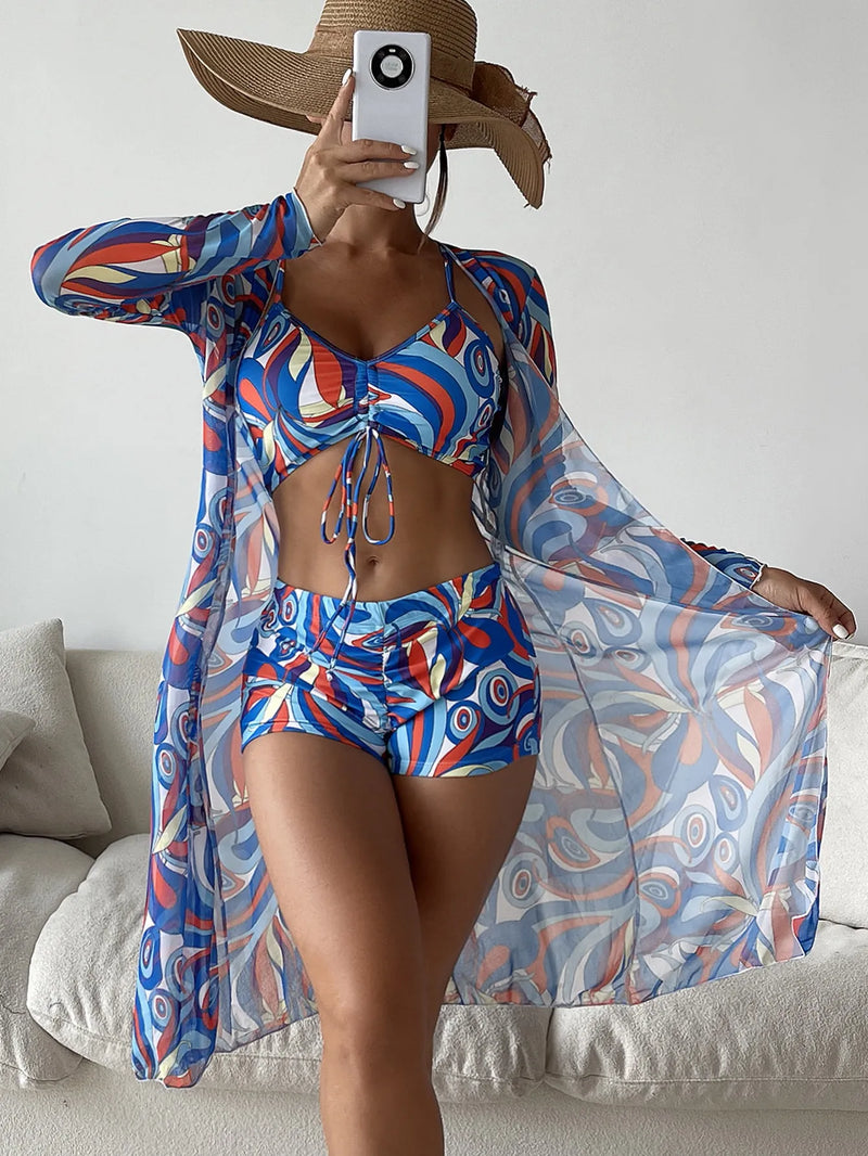 Biquíni + Saída de Praia Azul Marítimo com Laranja Damasco - Roupa Bacana