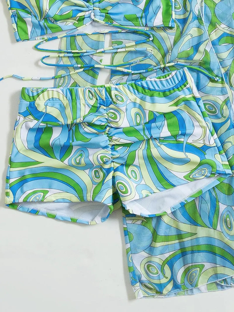 Biquíni + Saída de Praia Azul Céu com Verde Folha - Roupa Bacana